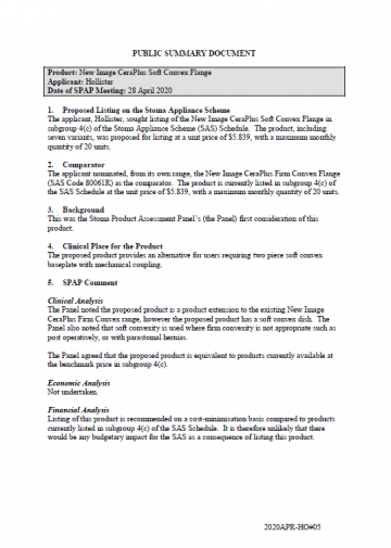 Cover image for SPAP public summary documents – April 2020 – Hollister New Image CeraPlus Soft Convex Flange