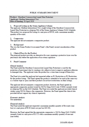 Cover image for SPAP public summary documents – April 2020 – Medline Marathon Cyanoacrylate Liquid Skin Protectant