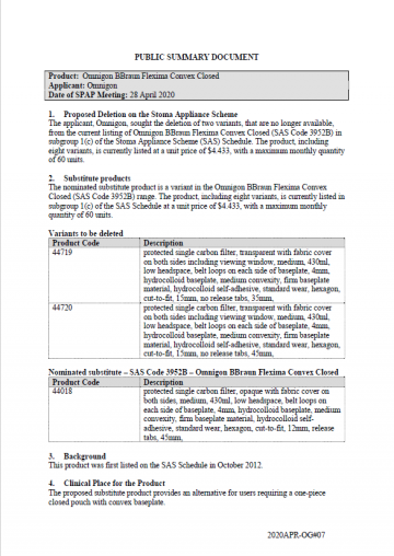 Cover image for SPAP public summary documents – April 2020 – Omnigon B Braun Flexima Convex Closed