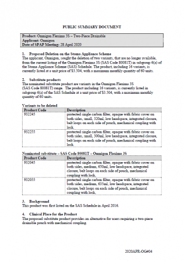 Cover image for SPAP public summary documents – April 2020 – Omnigon Flexima 3S two-piece drainable pouch
