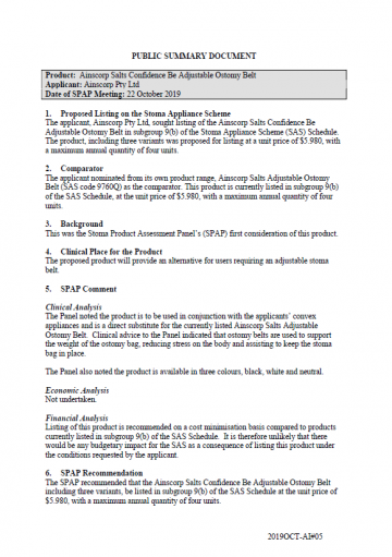Cover image for SPAP public summary documents – October 2019 – Ainscorp Confidence Be Adjustable Ostomy Belt