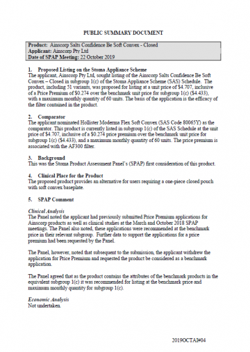 Cover image for SPAP public summary documents – October 2019 – Ainscorp Confidence Be Soft Convex Closed