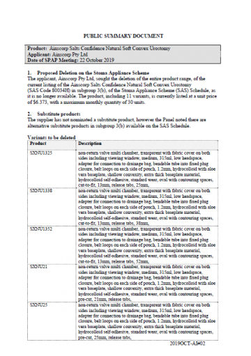 Cover image for SPAP public summary documents – October 2019 – Ainscorp Confidence Natural Soft Convex Urostomy
