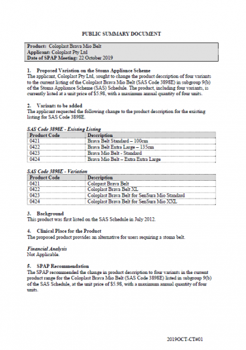 Cover image for SPAP public summary documents – October 2019 – Coloplast Brava Mio Belt
