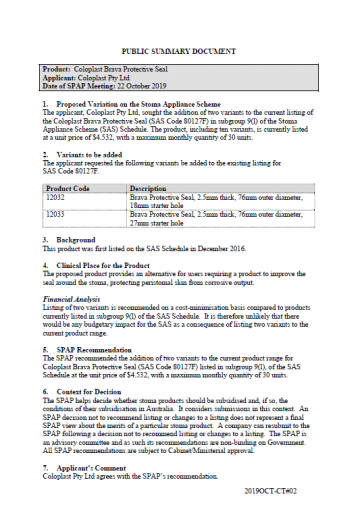 Cover image for SPAP public summary documents – October 2019 – Coloplast Brava Protective Seal