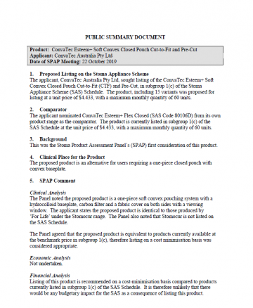 Cover image for SPAP public summary documents – October 2019 – ConvaTec Esteem+ Soft Convex Closed Pouch Cut-to-Fit and Pre-Cut