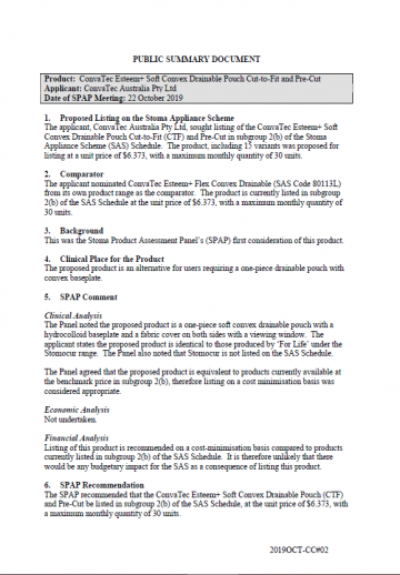 Cover image for SPAP public summary documents – October 2019 – ConvaTec Esteem+ Soft Convex Drainable Pouch Cut-to-Fit and Pre-Cut