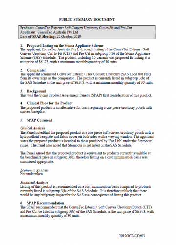 Cover image for SPAP public summary documents – October 2019 – ConvaTec Esteem+ Soft Convex Urostomy Cut-to-Fit and Pre-Cut