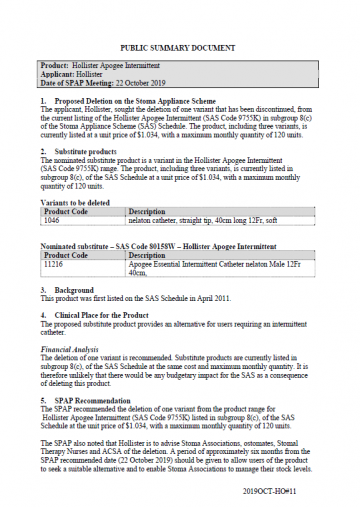 Cover image for SPAP public summary documents – October 2019 – Hollister Apogee Intermittent Catheter