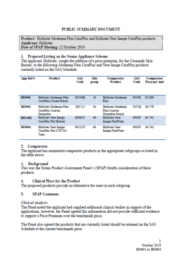 Cover image for SPAP public summary documents – October 2019 – Hollister Moderma Flex CeraPlus and Hollister New Image CeraPlus products