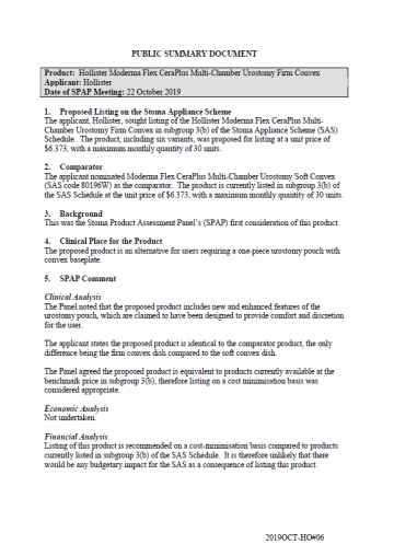Cover image for SPAP public summary documents – October 2019 – Hollister Moderma Flex CeraPlus Multi-Chamber Urostomy Firm Convex