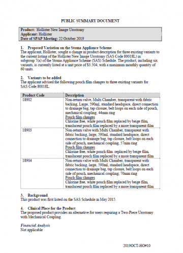 Cover image for SPAP public summary documents – October 2019 – Hollister New Image Urostomy