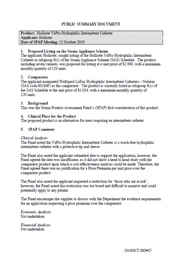 Cover image for SPAP public summary documents – October 2019 – Hollister VaPro Hydrophilic Intermittent Catheter