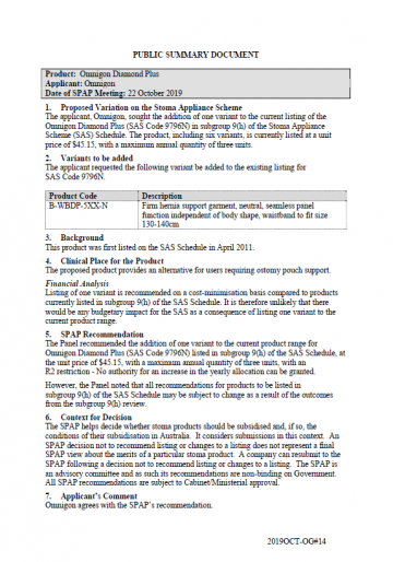 Cover image for SPAP public summary documents – October 2019 – Omnigon Diamond Plus