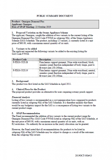 Cover image for SPAP public summary documents – October 2019 – Omnigon Diamond Plus
