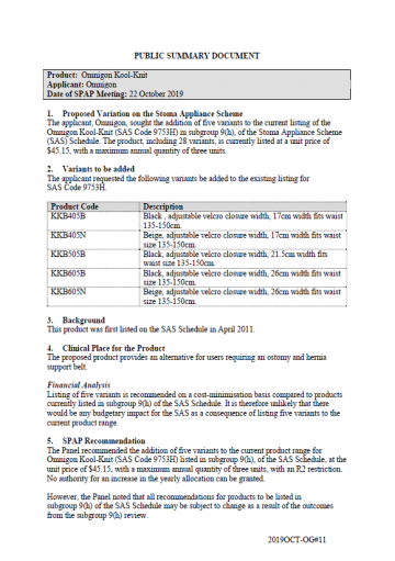 Cover image for Title SPAP public summary documents – October 2019 – Omnigon Kool Knit