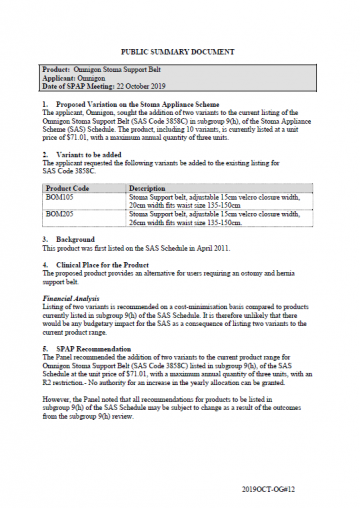 Cover image for SPAP public summary documents – October 2019 – Omnigon Stoma Support Belt