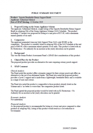 Cover image for SPAP public summary documents – October 2019 – Sutherland Medical Suportx Breathable Hernia Support Briefs