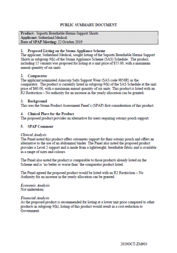 Cover image for SPAP public summary documents – October 2019 – Sutherland Medical Suportx Breathable Hernia Support Shorts