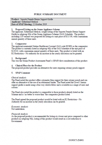 Cover image for SPAP public summary documents – October 2019 – Sutherland Medical Suportx Female Hernia Support Girdle
