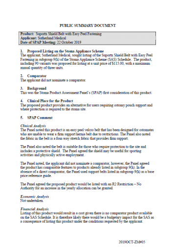 Cover image for SPAP public summary documents – October 2019 – Sutherland Medical Suportx Shield Belt with Easy Peel Fastening