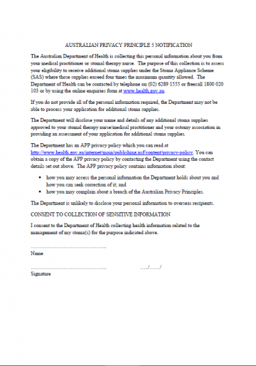 Cover image for Stoma Appliance Scheme Australian Privacy Principle 5 notification and consent form