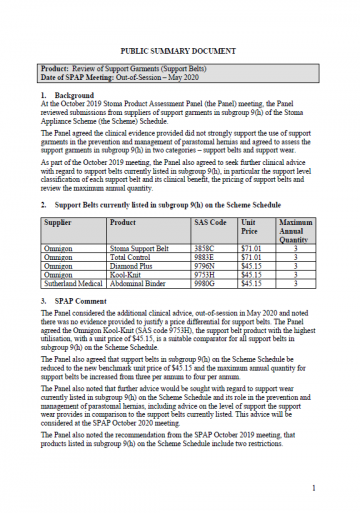 Cover image for Public summary documents – May 2020 – review of support garments