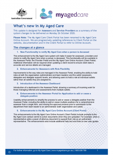 Cover image for Summary of My Aged Care System Changes – October 2020