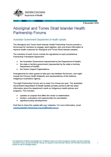 Cover image for Aboriginal and Torres Strait Islander Health Partnership Forums Update – November 2020