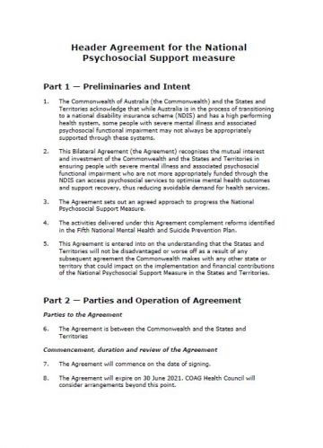 Cover image for Header agreement for the National Psychosocial Support Measure
