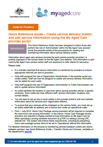 Cover image for My Aged Care Quick Reference Guide – Create Service Delivery Outlets and Add Service Information