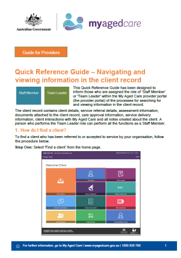 Cover image for My Aged Care quick reference guide – Navigating and viewing information in the client record