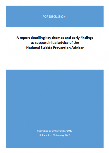 Cover image for report detailing key themes and early findings to support initial advice of the National Suicide Prevention Adviser