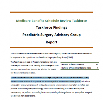 Cover image for the Taskforce findings - paediatric surgery advisory group report