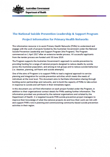 Cover image for The National Suicide Prevention Leadership and Support Program – project information for Primary Health Networks