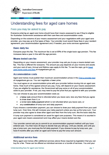 Cover image for Understanding fees for aged care homes fact sheet.