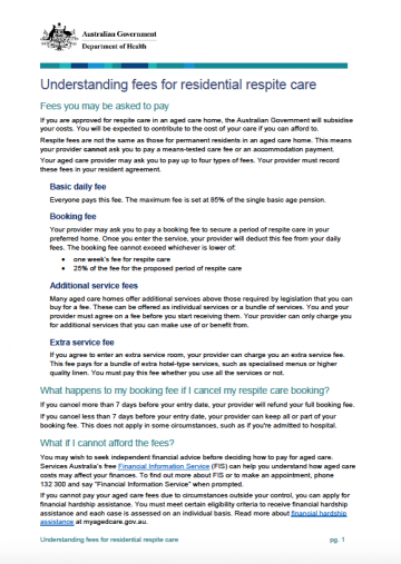Cover image for Understanding fees for residential respite care fact sheet