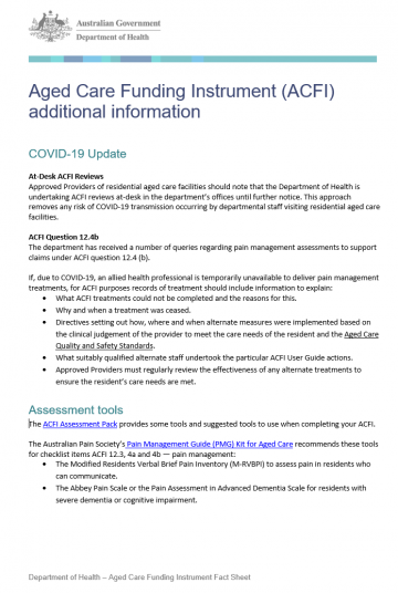 cover of aged care funding instrument fact sheet