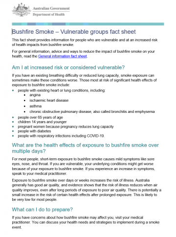 Cover of Bushfire Fact sheet for Vulnerable groups 2020