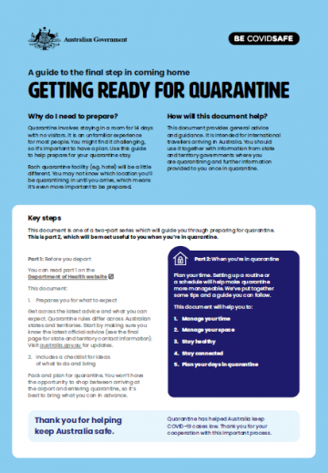 Cover image for factsheet Getting ready for quarantine – A guide to the final step in coming home