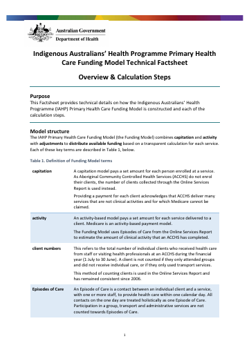 Cover of Indigenous Australians’ Health Programme Primary health care funding model – overview and calculation steps