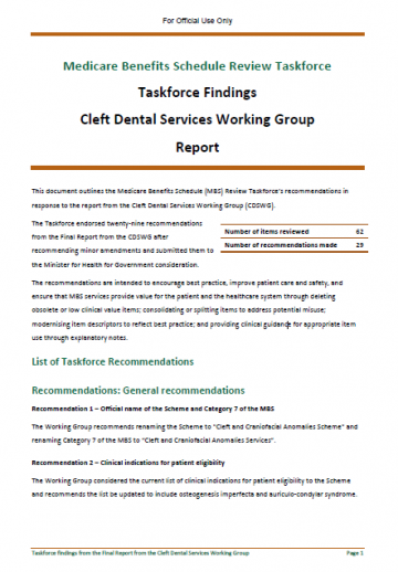 Cover image MBS review taskforce Cleft Dental Services Working Group report