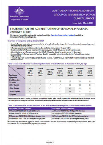 Cover image for ATAGI Statement On The Administration Of Seasonal Influenza Vaccines In 2021