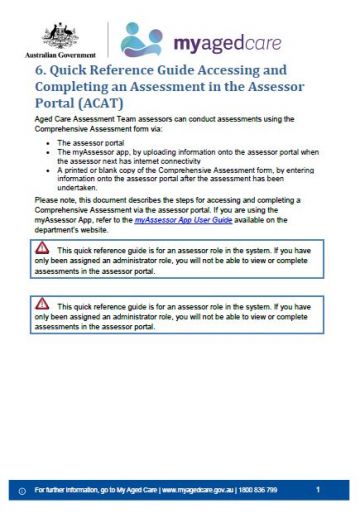 My Aged Care Quick Reference Guide 6 – Accessing and Completing an Assessment in the Assessor Portal (ACAT)