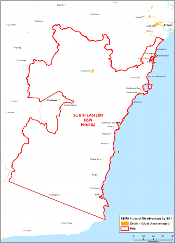 South Eastern New South Wales PHN socioeconomic disadvantage map