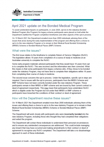 Bonded Medical Program update – April 2021