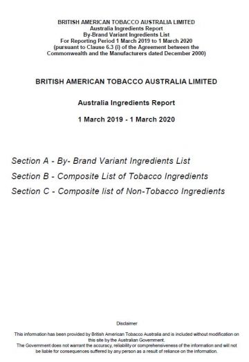 British American Tobacco Australia – cigarette ingredients cover