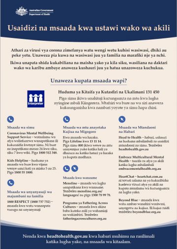 Help and support for your mental wellbeing? Swahili fact sheet cover image