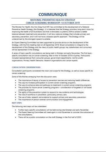 Cover image for NPHS Expert Steering Committee communique – Cancer screening consultation workshop, October 2019