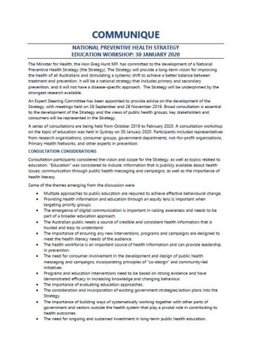 Cover image for National Preventive Health Strategy Expert Steering Committee communique – Education workshop, January 2020